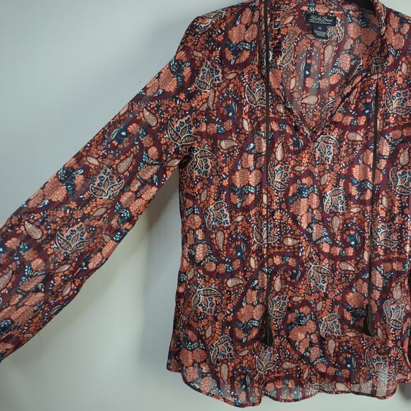 Lucky Brand Women's Sheer Maroon Multicolor Paisley Print Peasant Blouse Size XS - Picture 3 of 6